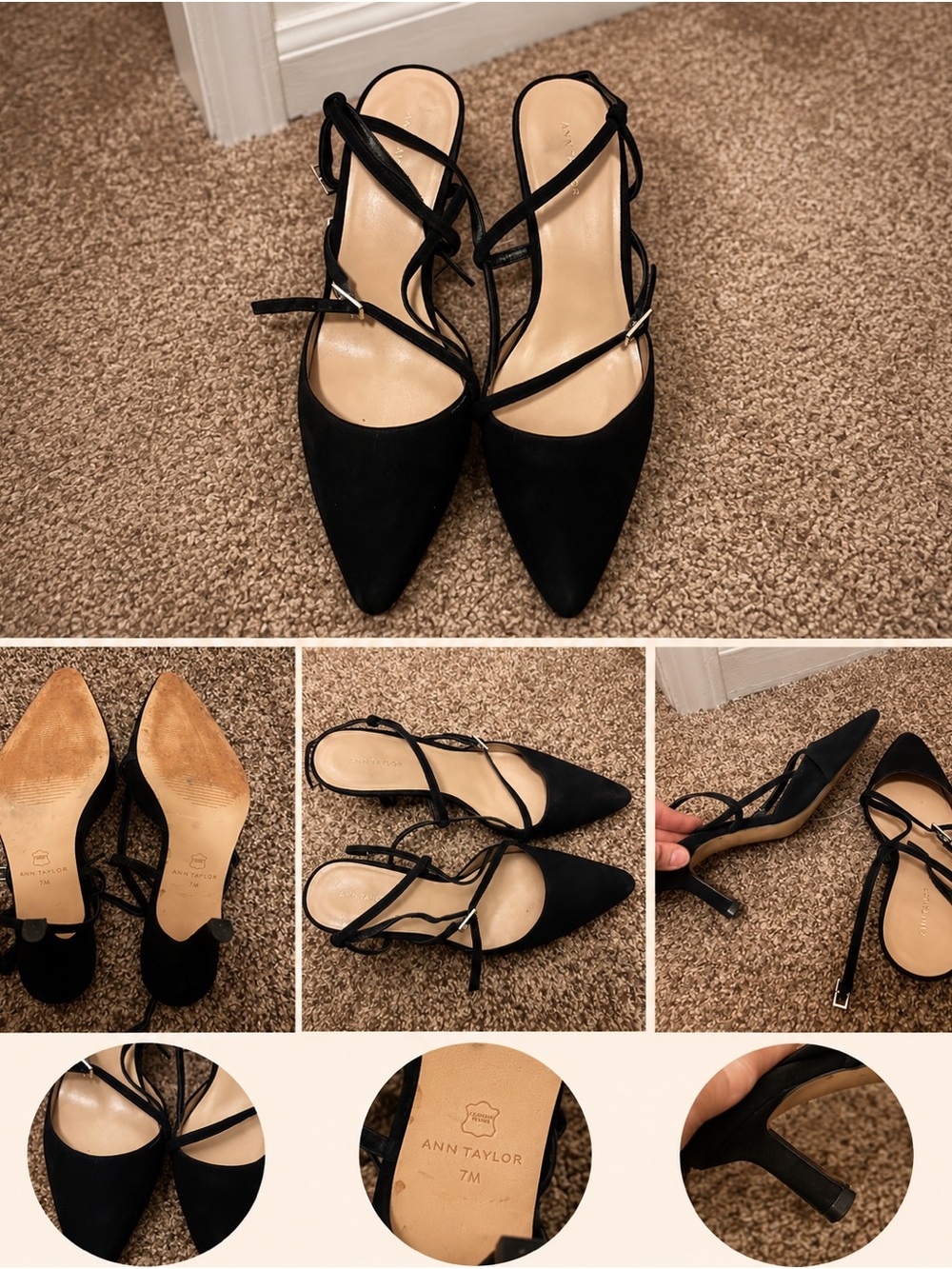 Ann Taylor Black Pointed-Toe Strappy Slingback Heels